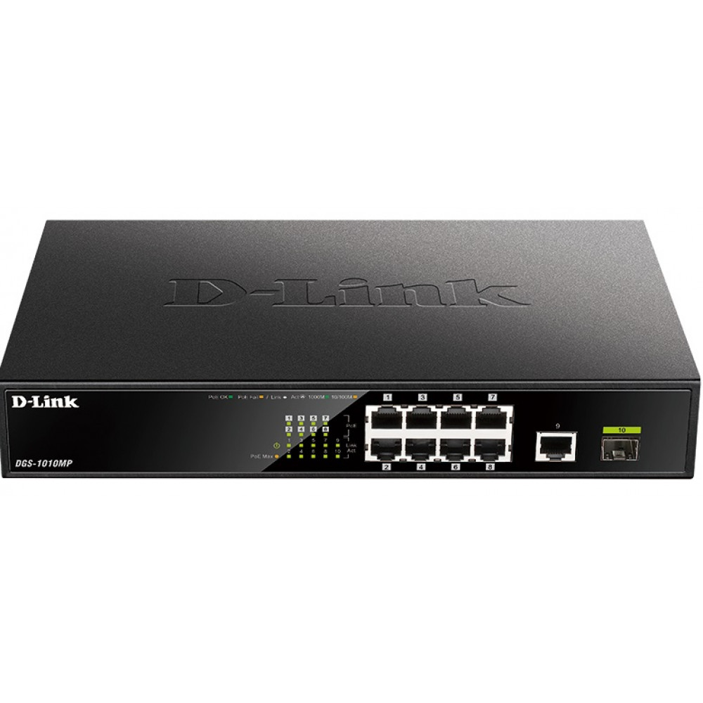 Комутатор D-Link DGS-1010MP 9xGE PoE, 1xSFP, 125W