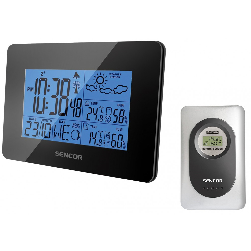 Метеостанція Sencor, внутр/зовн вимірювання, ААх3+АAАх2, темп-ра, вологість, час, прогноз погоди, чорний