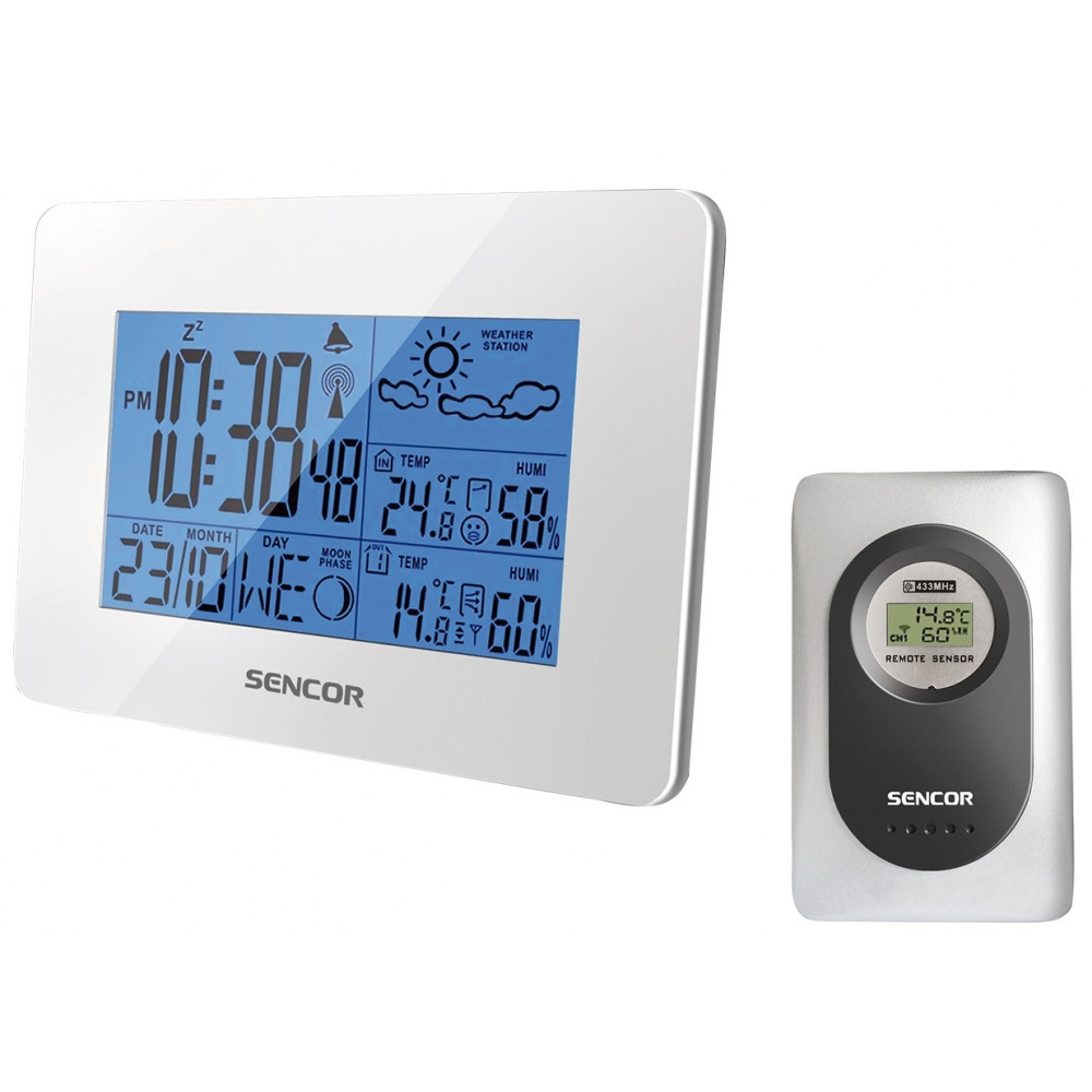 Метеостанція Sencor, внутр/зовн вимірювання, AAx3+AAAx2, темп-ра, вологість, час, прогноз погоди, білий