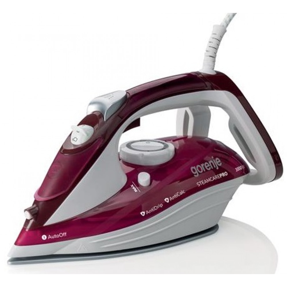 Праска Gorenje, 3000Вт, 350мл, паровий удар-105гр, верт. відпарювання, антинакип, автовідключення, керам. підошва, бардово-білий