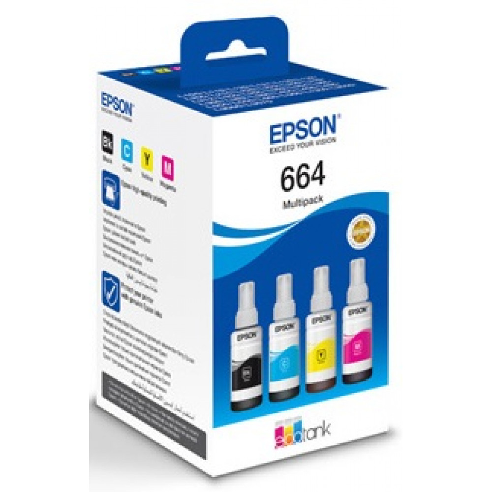 Контейнери з чорнилом Epson T664 EcoTank  L110/L120/L121/L1300/L1455/L210/L300/L3050/L3060/L3070/L355/L382/L386/L486/L550/L605/L655/L364/L132/L222/L312/L366/L456/L566 Multipack (C,M,Y,Bk)