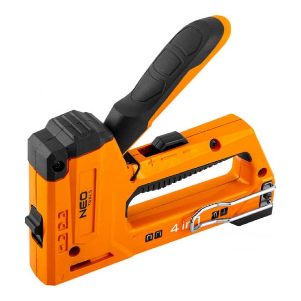 Степлер Neo Tools 4в1, 6-14мм, тип скоб J, G, L, E, алюмінієвий, регулювання забивання скоби