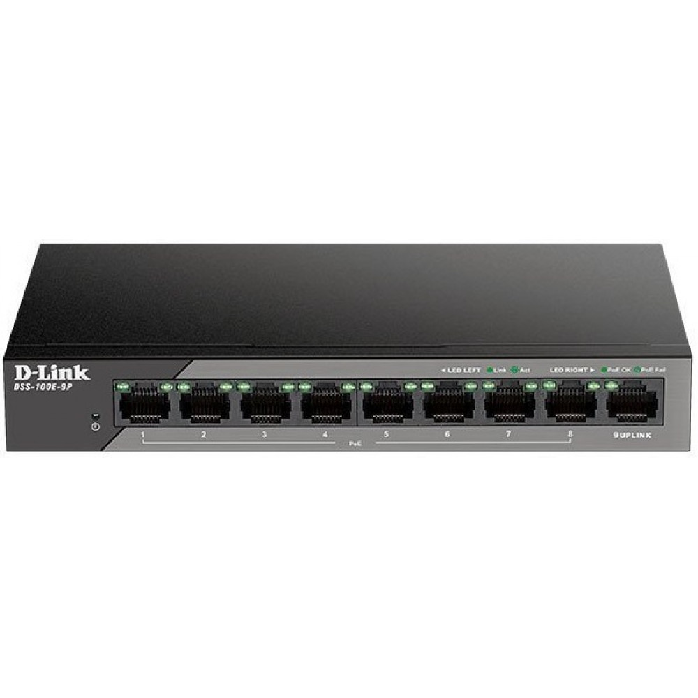 Комутатор D-Link DSS-100E-9P 8xFE PoE, 1xGE, 92W