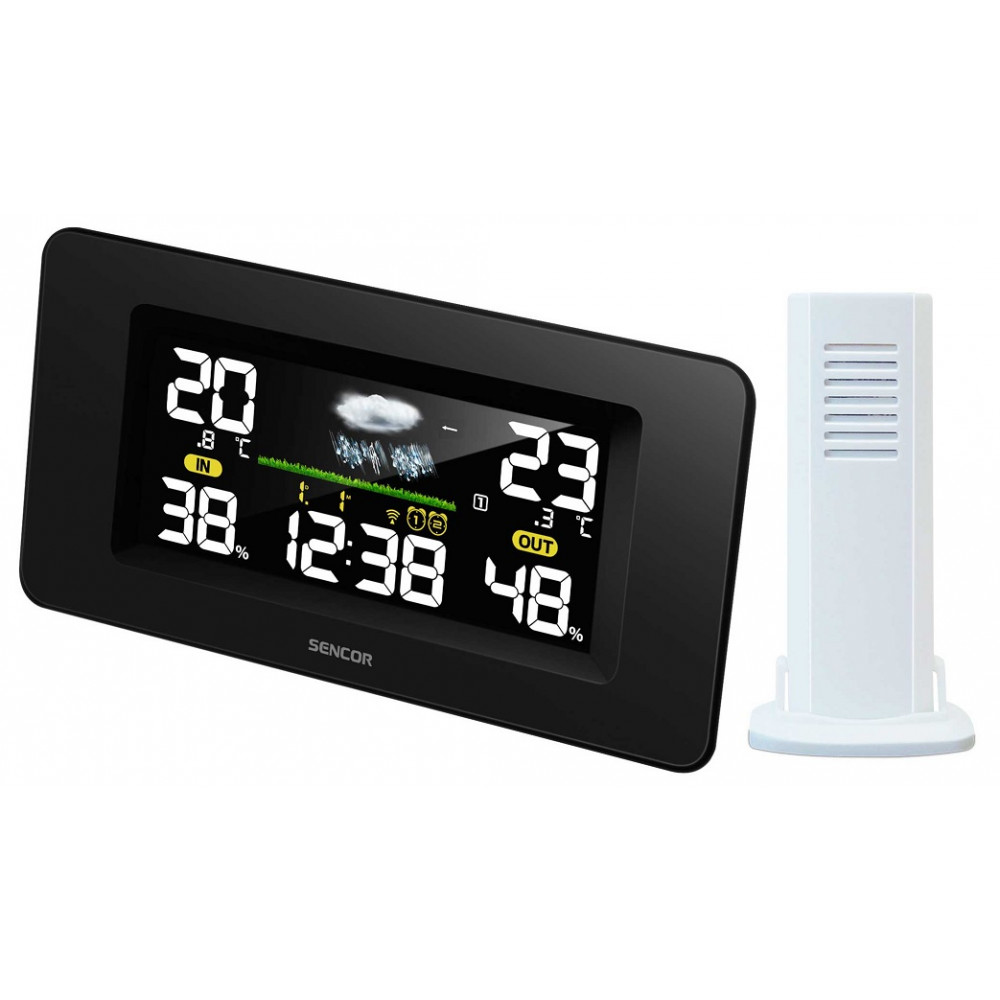Метеостанція Sencor, внутр/зовн вимірювання, від мережі/АААх3+АААх2, темп-ра, вологість, час, прогноз погоди, атмосферний тиск, чорний