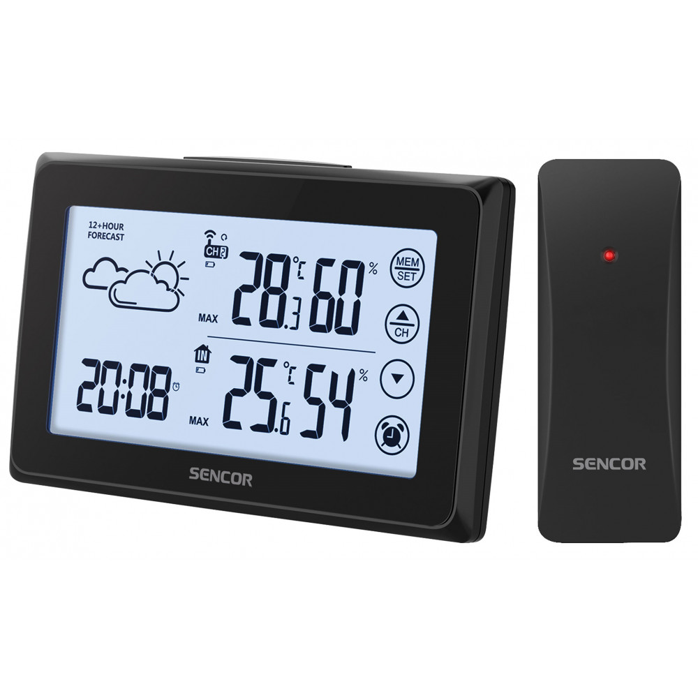 Метеостанція Sencor, внутр/зовн вимірювання, АААх3+ААх2, темп-ра, вологість, час, прогноз погоди, чорний