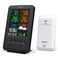 Метеостанція Sencor, внутр/зовн вимірювання, від мережі/CR2032х1+AAx2, темп-ра, вологість, час, прогноз погоди, атмосферний тиск, чорний