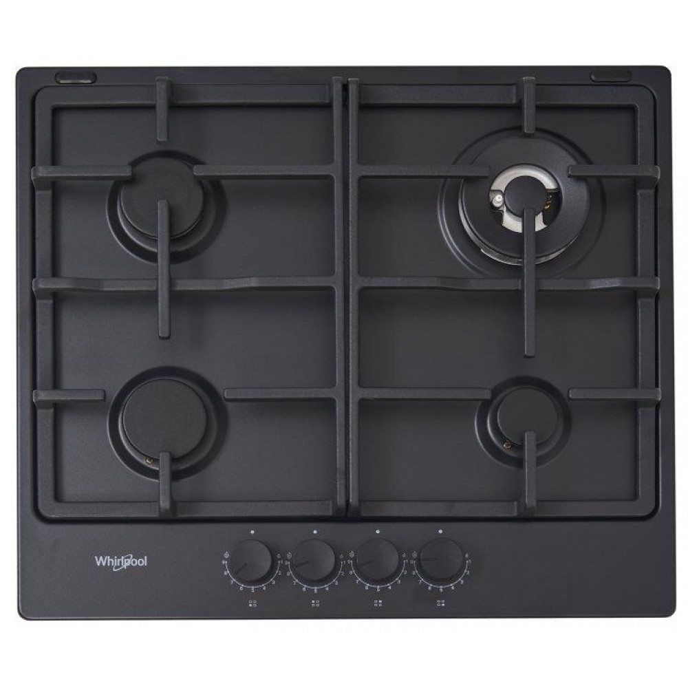 Варильна поверхня Whirlpool газова, 60см, чавун, конфорка з подвійним рядом полум'я, чорний