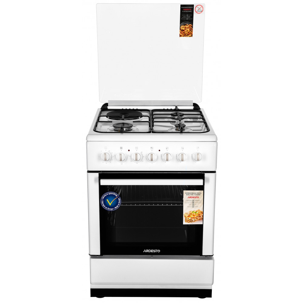 Плита ARDESTO комбі 3 газ + 1 електро, 64л, 60x60см, підсвічування, форсунки LPG (підключення газового балона), знімні направляючі, білий