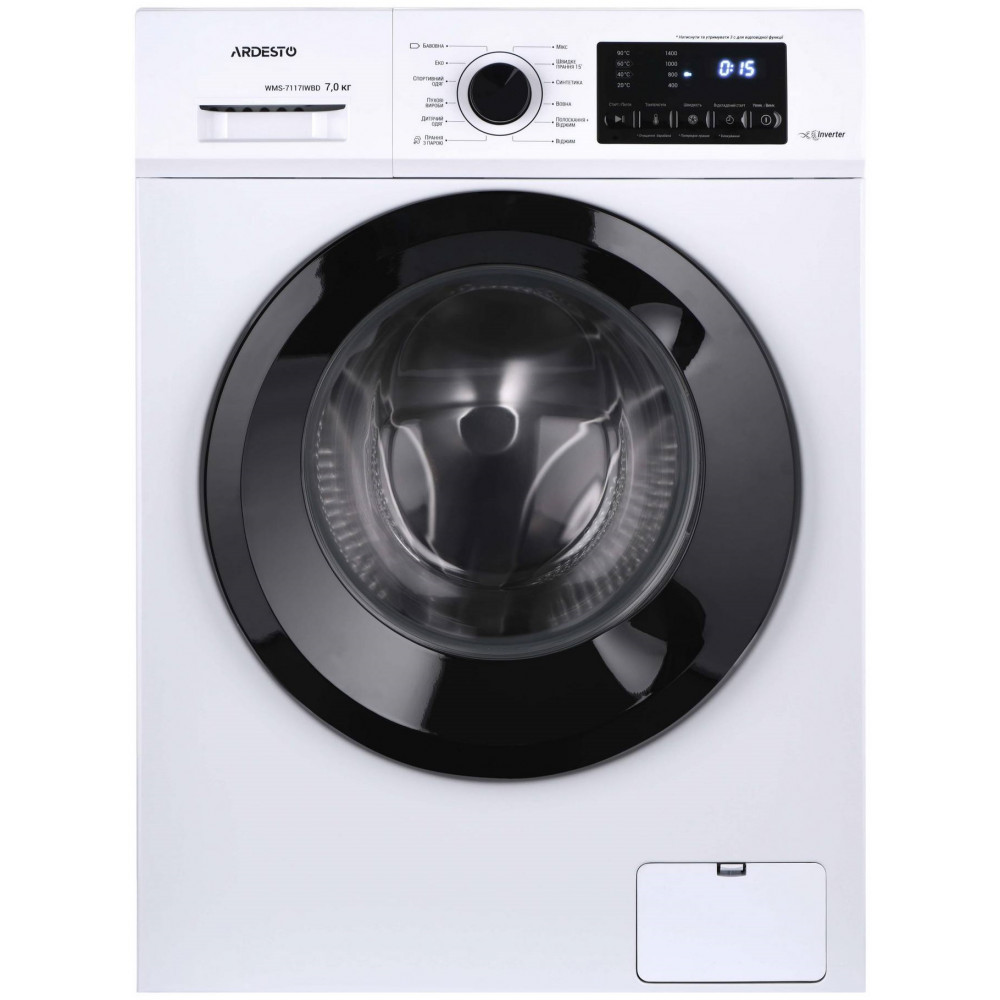 Пральна машина ARDESTO фронтальна, 7кг, 1400, А+++, 48см, дисплей, пара, інвертор, підсвіч.барабана, білий
