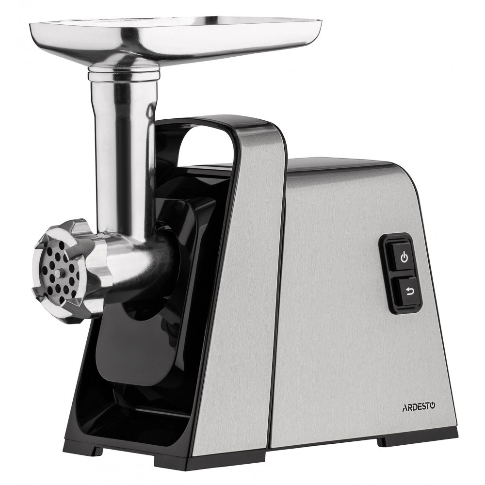 М'ясорубка Ardesto, 2400Вт, 2.2кг/хв, 3 решітки, насадка для ковбас, кеббе, томатів, 4 терки, пластик, чорно-срібний