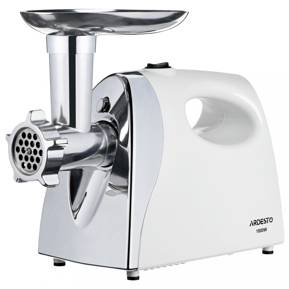 М'ясорубка Ardesto, 1800Вт, 2кг/хв, 3 решітки, насадка для ковбас, кеббе, томатів, пластик, біло-сріблястий
