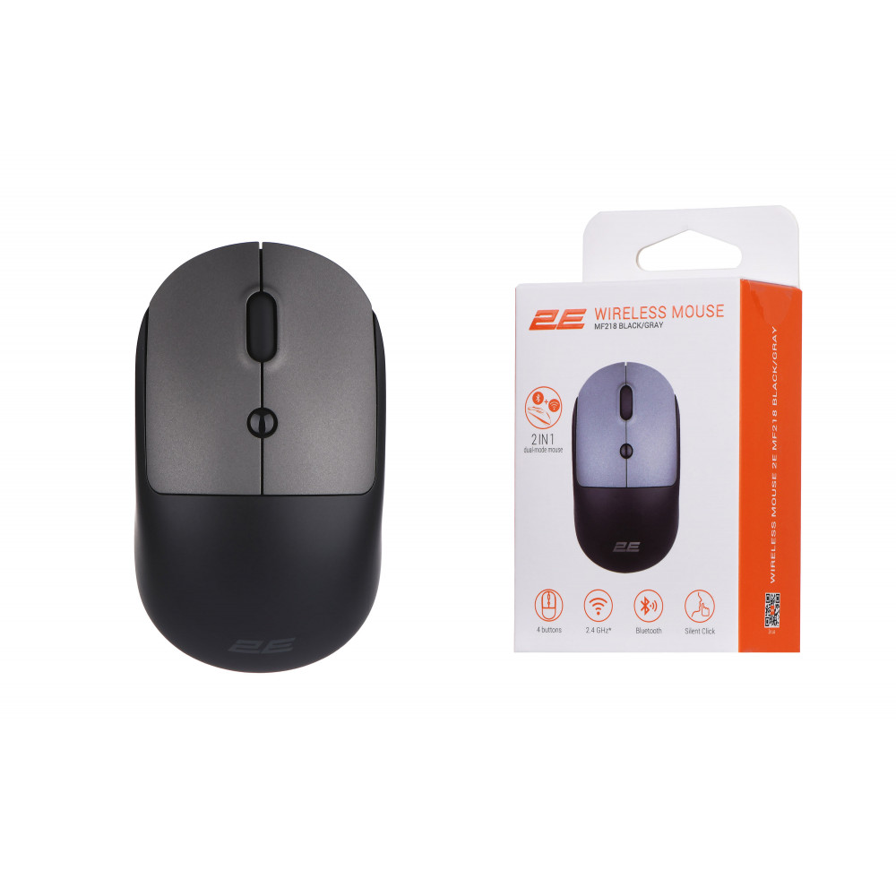 Миша 2E MF218 Silent, WL/BT, чорно-сірий