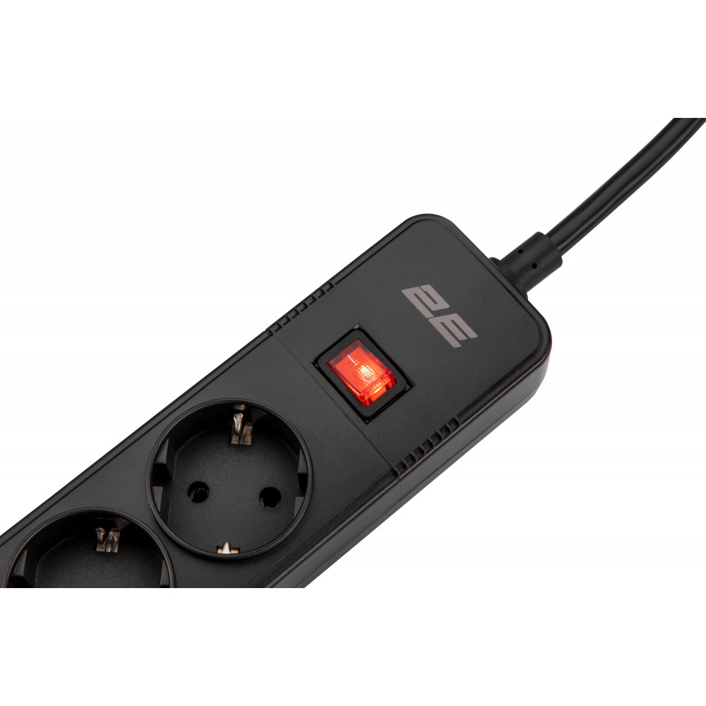 Подовжувач-фільтр мережевий 2E 5xТип F, 3x1.5мм кв, 16A, 3xUSB-A, з захистом від перенапруги, 2м, чорний
