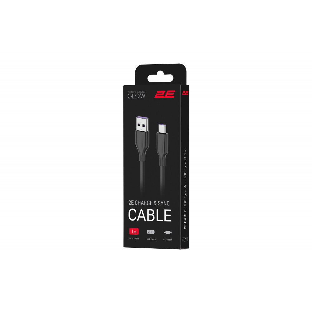 Кабель USB-A > USB-C заряджання/синхронізації 2E 1м, Type-C, Glow, чорний