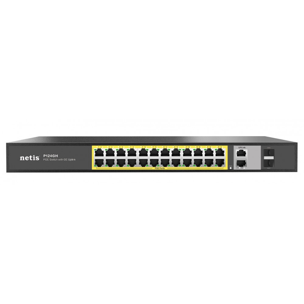 Комутатор Netis P124GH 24xFE PoE, 4xGE (2xUplink, 2xSFP), 360Вт, Некерований