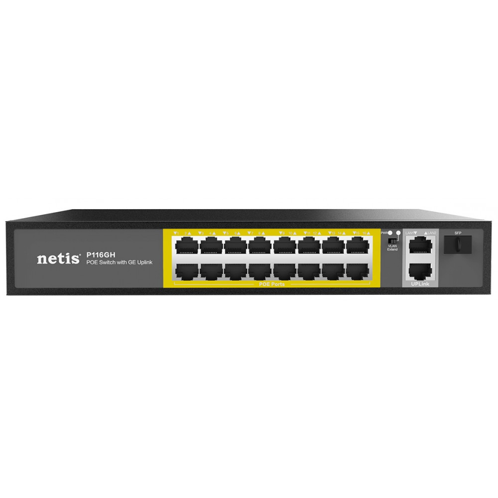 Комутатор Netis P116GH 16xFE PoE, 3xGE (2xUplink, 1xSFP), 240Вт, Некерований