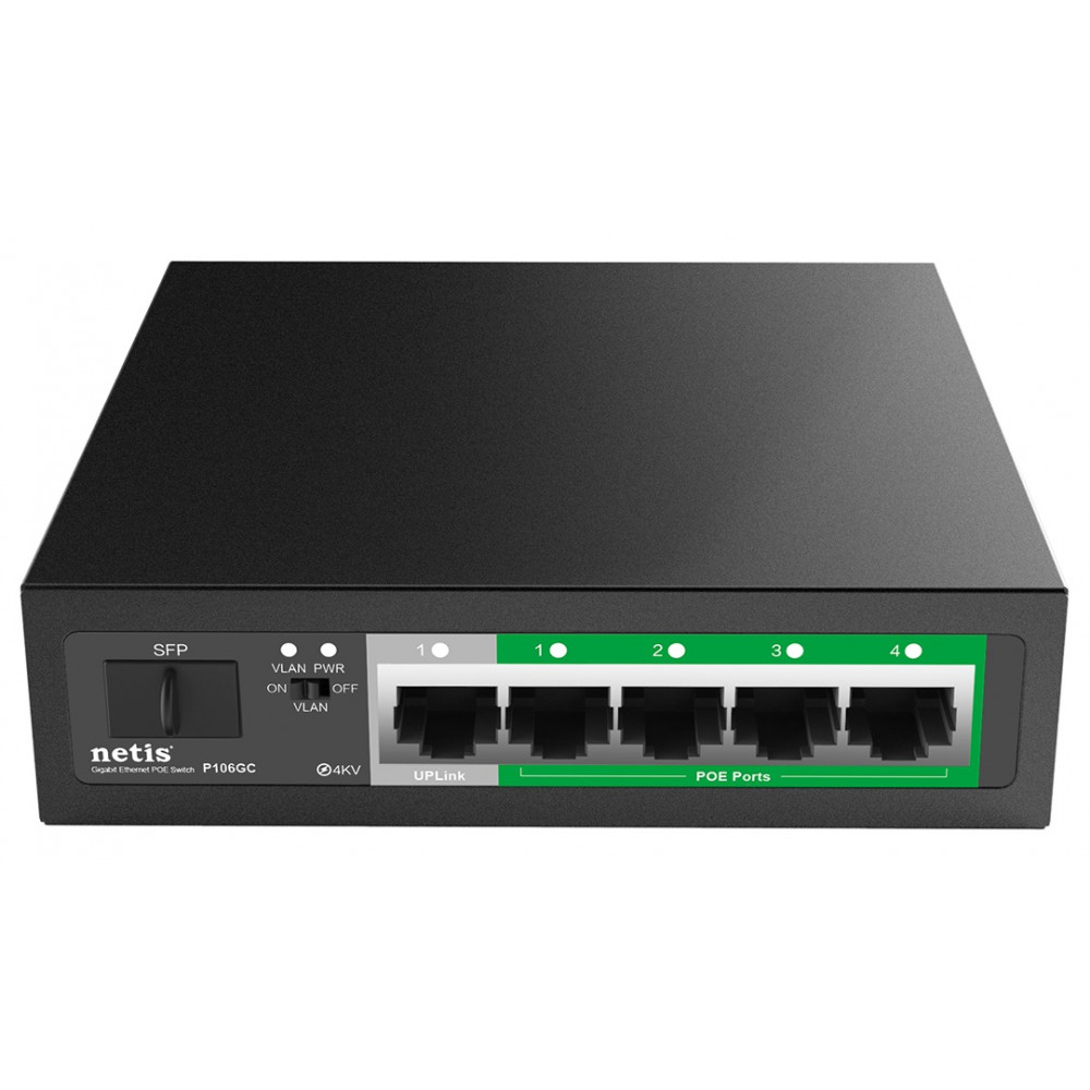 Комутатор Netis P106GC 6xGE (4xPoE, 1xUplink, 1xSFP), 60Вт, Некерований