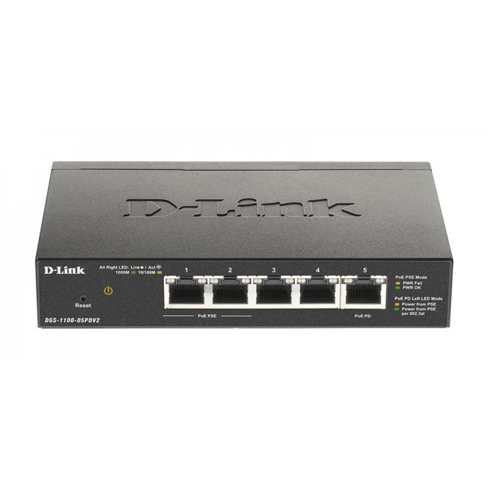 Комутатор D-Link DGS-1100-05PD 5xGE, (2xGE, 2xGE PoE, 1xGE PD), EasySmart