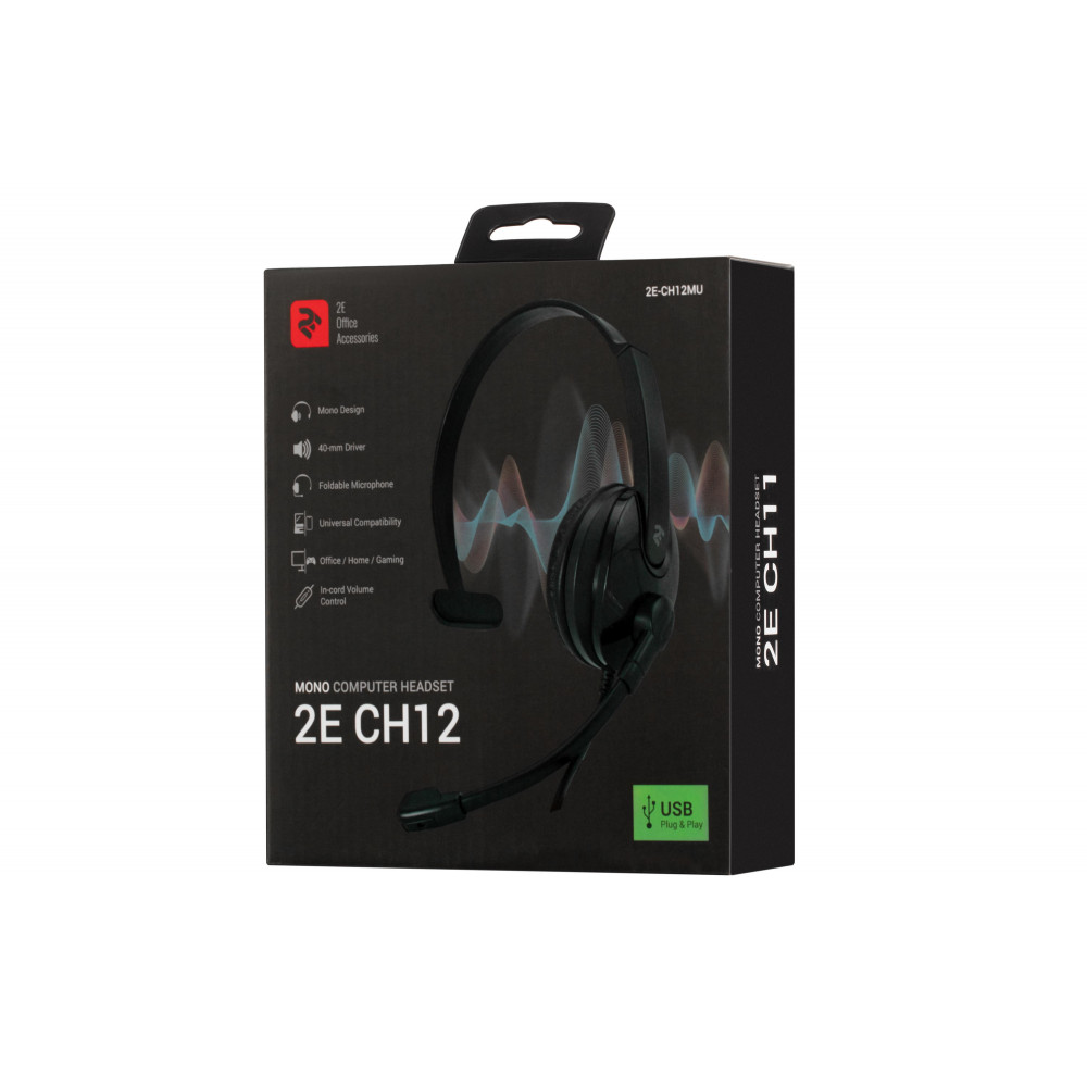 Гарнітура ПК моно On-ear 2E CH12 USB, omni-mic, 2м, чорний