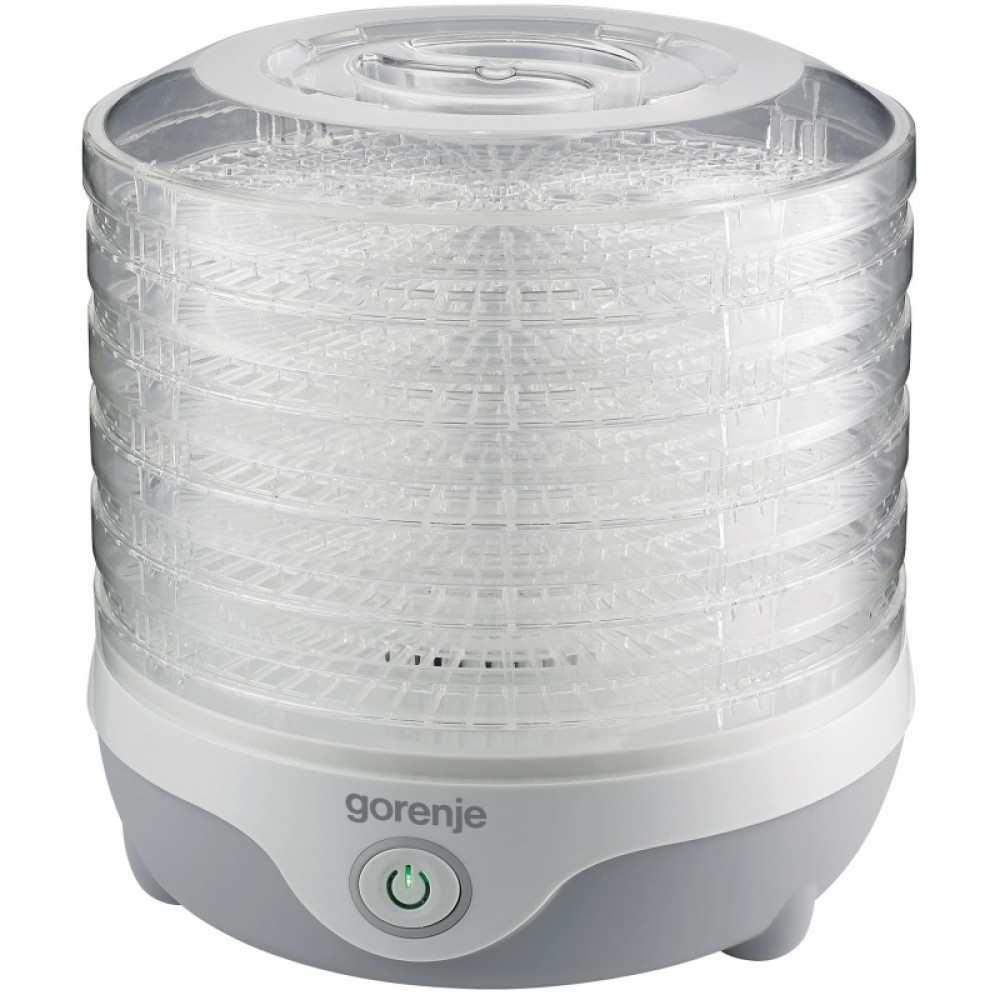 Сушарка для продуктів Gorenje 240Вт, піддонів - 5x1.5см, діаметр - 28см, макс - 70°С, сітка для ягід, пластик, білий