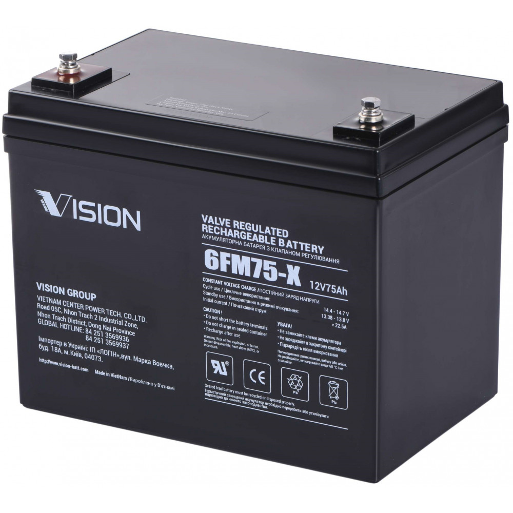 Акумуляторна батарея Vision FM, 12В, 75А•год, AGM