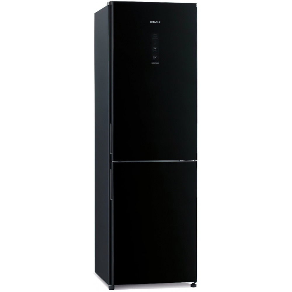 Холодильник Hitachi з нижн. мороз., 190x60х65, холод.відд.-215л, мороз.відд.-115л, 2дв., А++, NF, інв., зона нульова, чорний (скло)