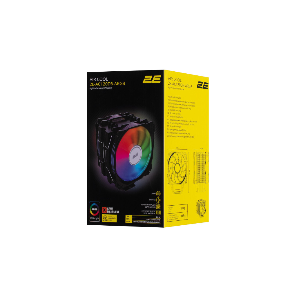 Процесорний кулер 2E GAMING Air Cool AC120D6-ARGB, LGA1851, 1700, 1366, 1200, 115x, AM5, AM4, AM3, AM3+, AM2, AM2+, FM2, FM1, 4pin PWM, 3pin +5VARGB, TDP 200W