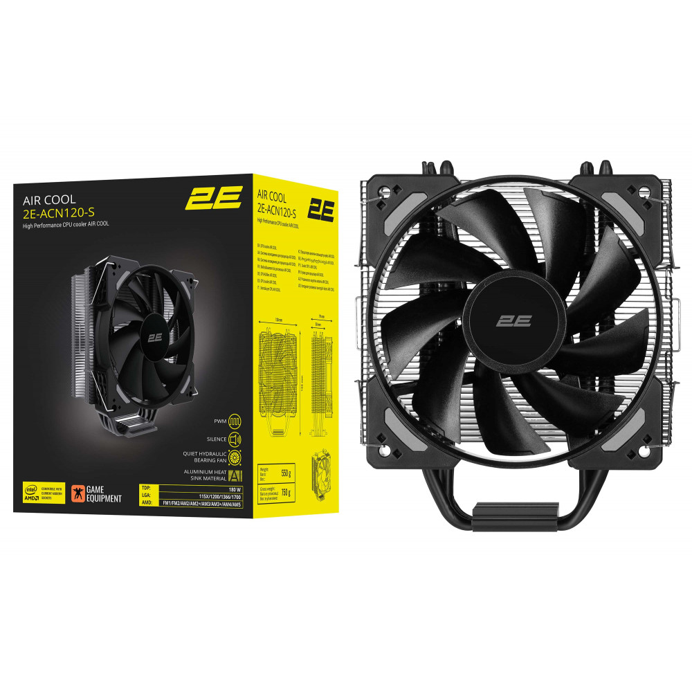 Процесорний кулер 2E GAMING Air Cool ACN120-S, LGA1851, 1700, 1366, 1200, 115x, AM5, AM4, AM3, AM3+, AM2, AM2+, FM2, FM1, 4pin PWM, TDP 180W