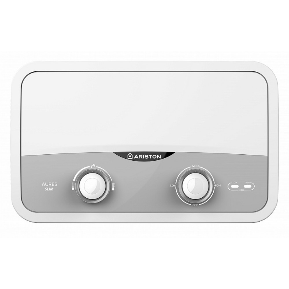 Водонагрівач електр. Ariston проточний Aures, 3,1л, 5,5кВт, горизонтальний монтаж, мех. кер-ння, A, В'єтнам, біло-сірий