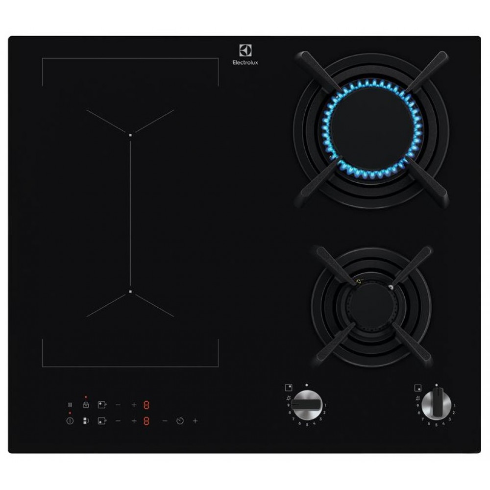 Варильна поверхня Electrolux комбінована (2 газ + 2 інд), 60см, розширена зона, чавун, чорний