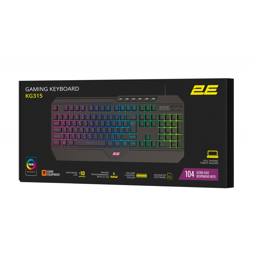 Клавіатура мембранна 2E GAMING KG315 110key, USB-A, EN/UA, RGB, чорний