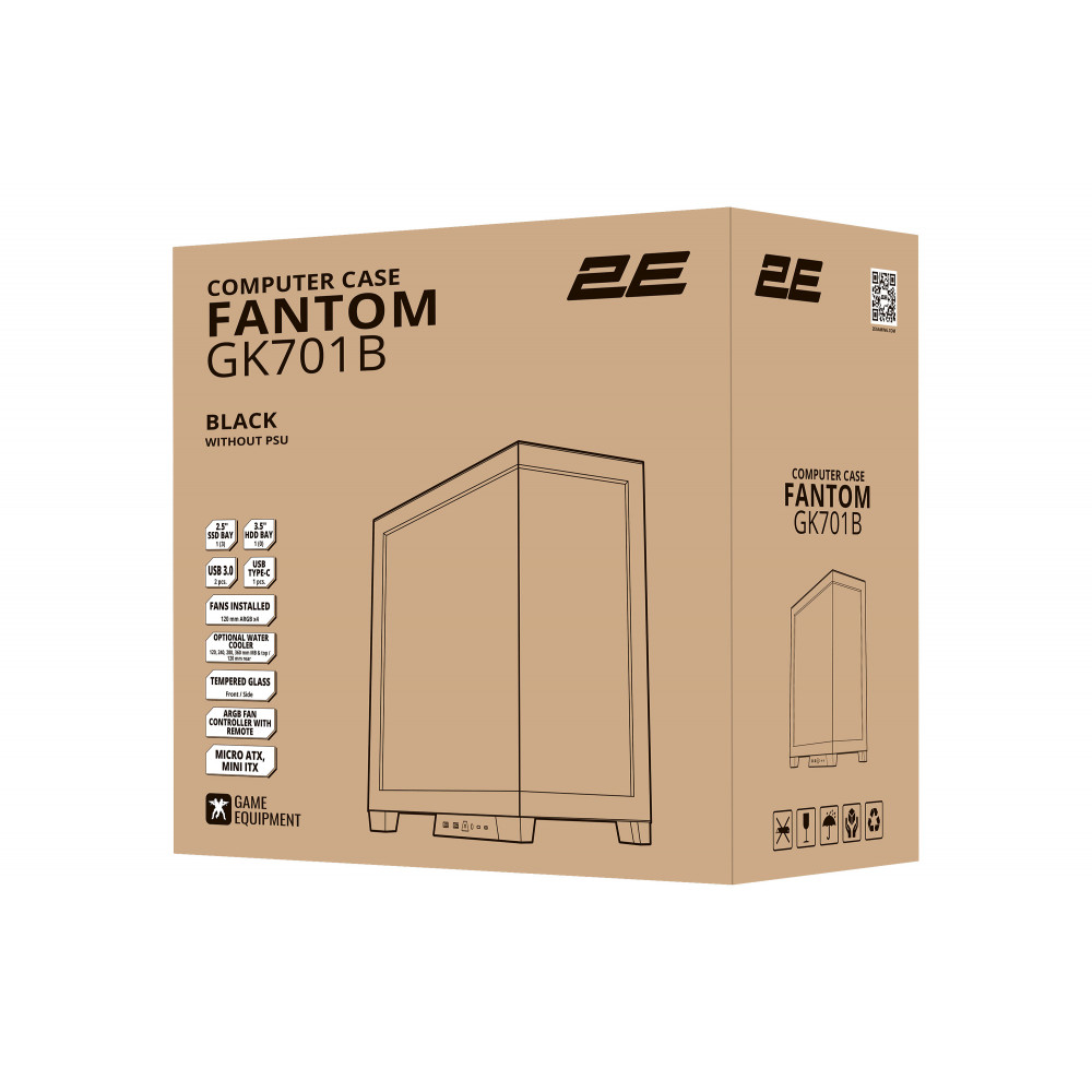 Корпус 2E GAMING Fantom GK701B без БЖ 2xUSB3.0, 1xUSBType-C, 4x120мм ARGB, VGA 400мм, LCS ready, контролер з пультом, TG Side/Front Panel, mATX, чорний