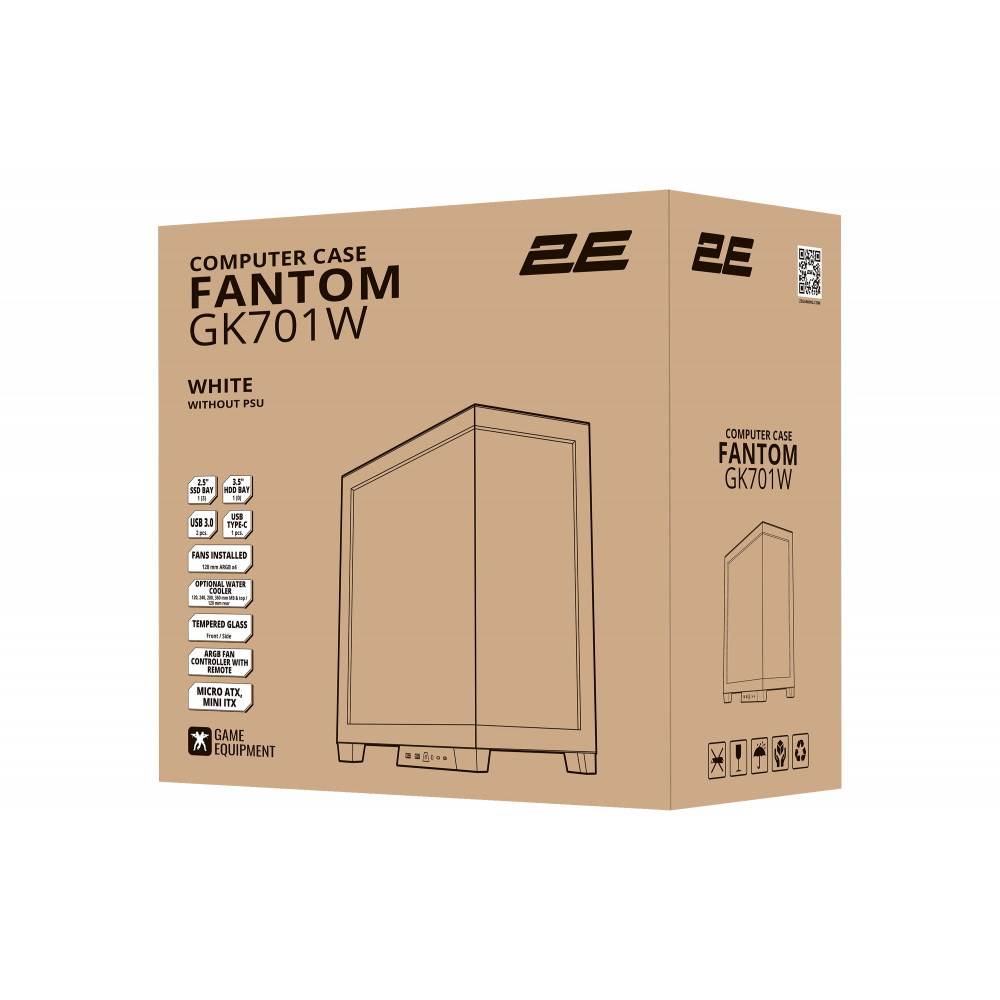 Корпус 2E GAMING Fantom GK701W без БЖ 2xUSB3.0, 1xUSBType-C, 4x120мм ARGB, VGA 400мм, LCS ready, контролер з пультом, TG Side/Front Panel, mATX, білий