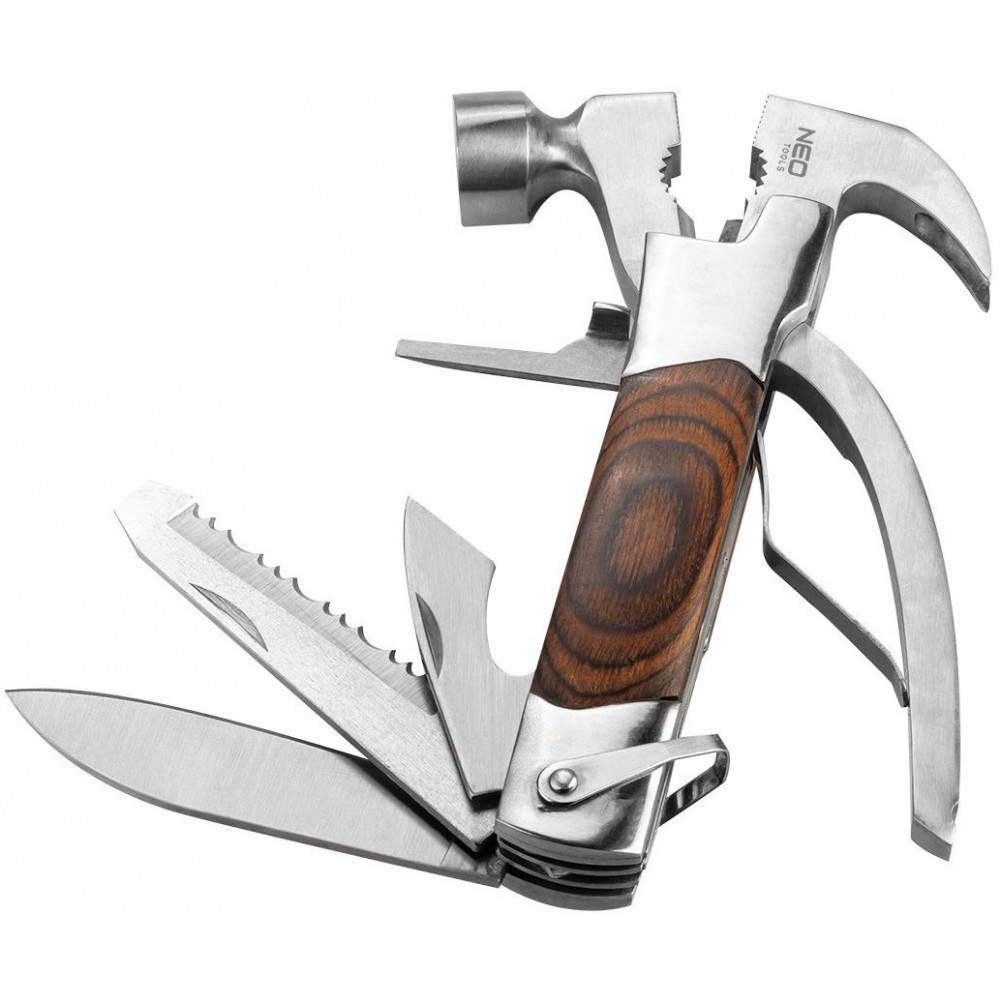 Мультитул Neo Tools, 13в1, молоток, плоскогубці, гайкогубці, кусачки, цвяходер, викрутки 2хSL і PH, пилка, напилок, два ножі, консервний ніж, чохол