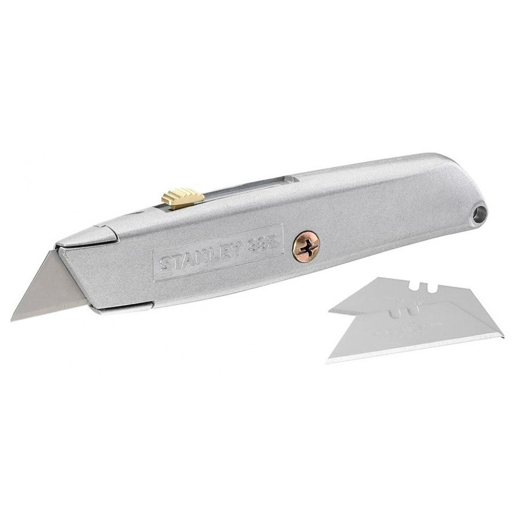 Ніж будівельний трапецієподібний Stanley 99Е, корпус цинковий сплав, відсік для зберігання лез, 3 леза в комплекті, 155мм