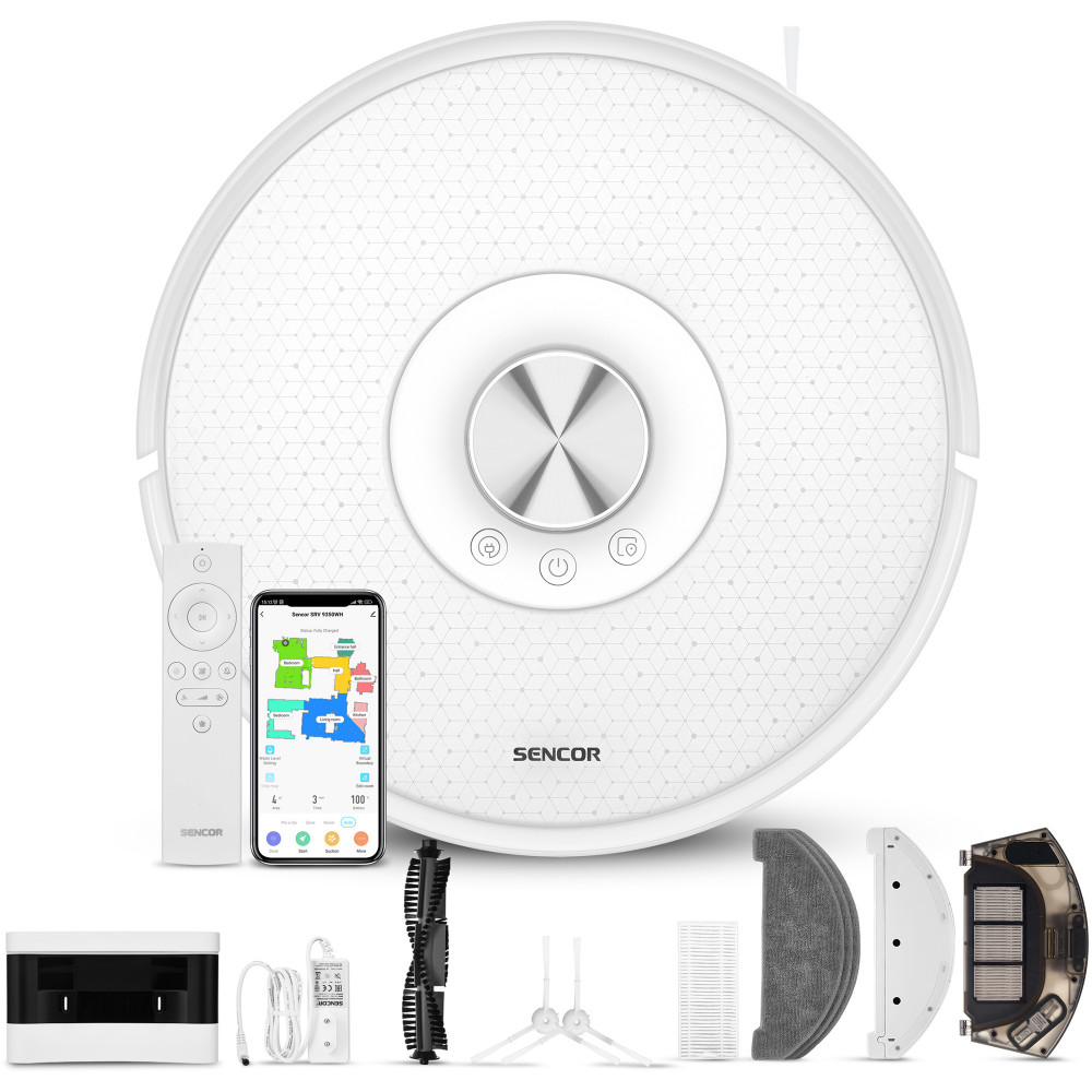 Робот-пилосос Sencor, 400Вт, h=9.8см, вологе прибирання, конт пил -0.45л, вода -0.24л, автон. робота до 120хв, вага-2,5кг, НЕРА, білий