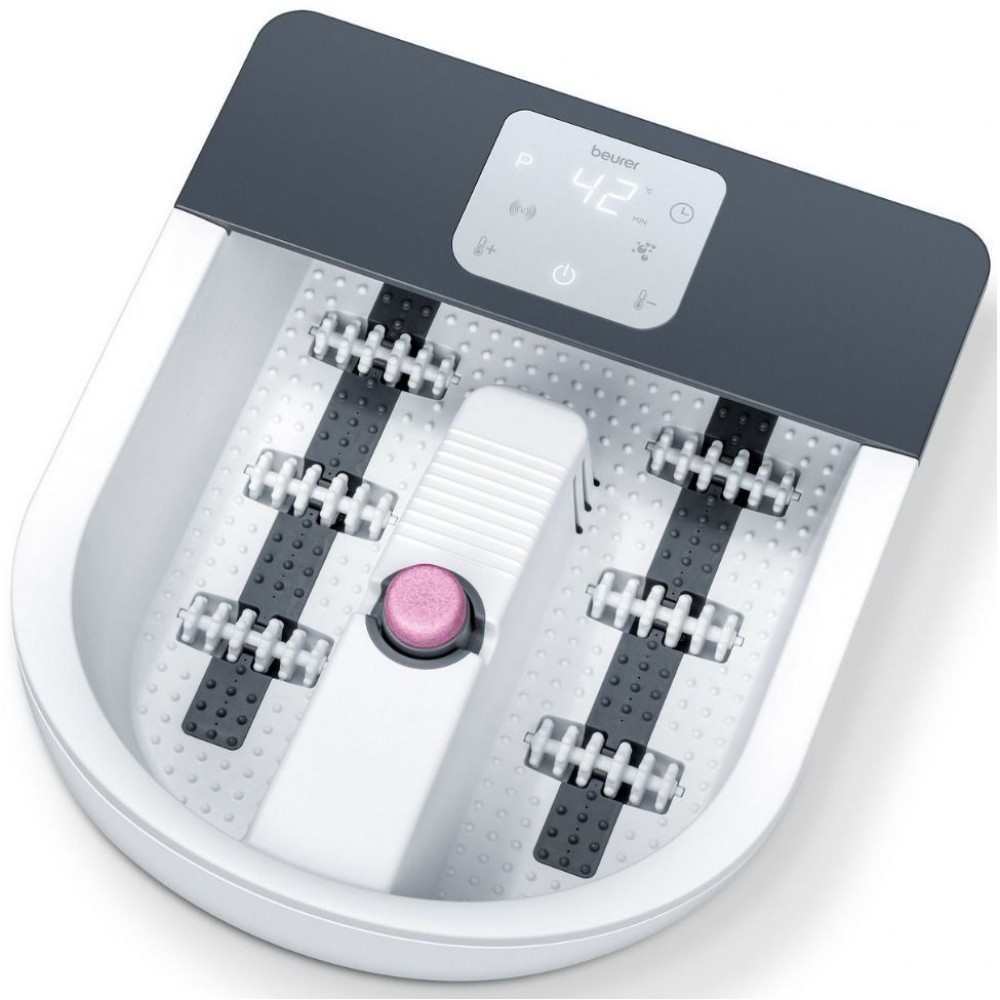 Масажна ванночка Beurer для ніг, від мережі, 3 насадки, підтрим. температури води, сенс. керув., біло-сірий