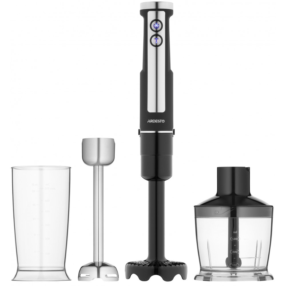 Блендер Ardesto заглибний 1000Вт, 3в1, чаша-600мл, чопер-500мл, насадка для пюре, чорно-сріблястий