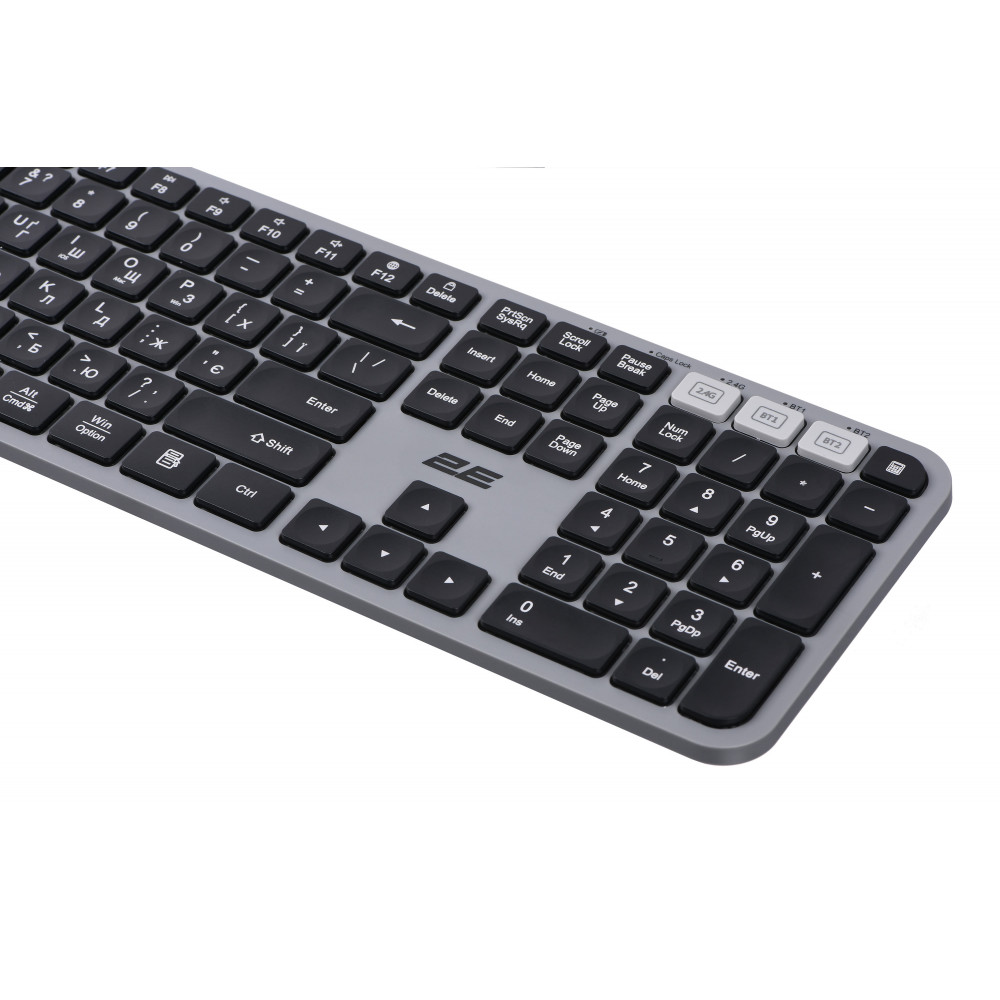 Клавіатура мембранна 2E KS240 110key, WL/BT, EN/UK, сіро-чорний