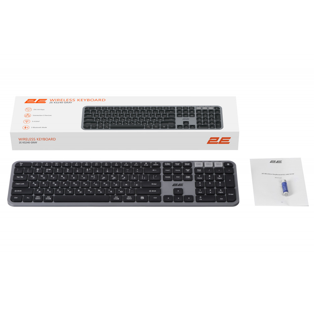 Клавіатура мембранна 2E KS240 110key, WL/BT, EN/UK, сіро-чорний
