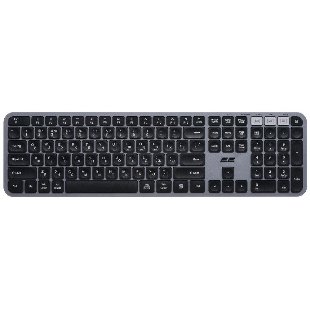 Клавіатура мембранна 2E KS240 110key, WL/BT, EN/UK, сіро-чорний
