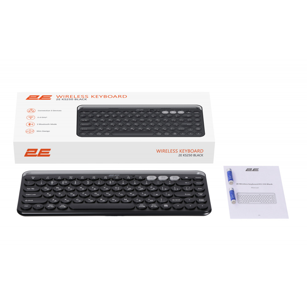 Клавіатура мембранна 2E KS250 84key, WL/BT, EN/UK, чорно-сірий