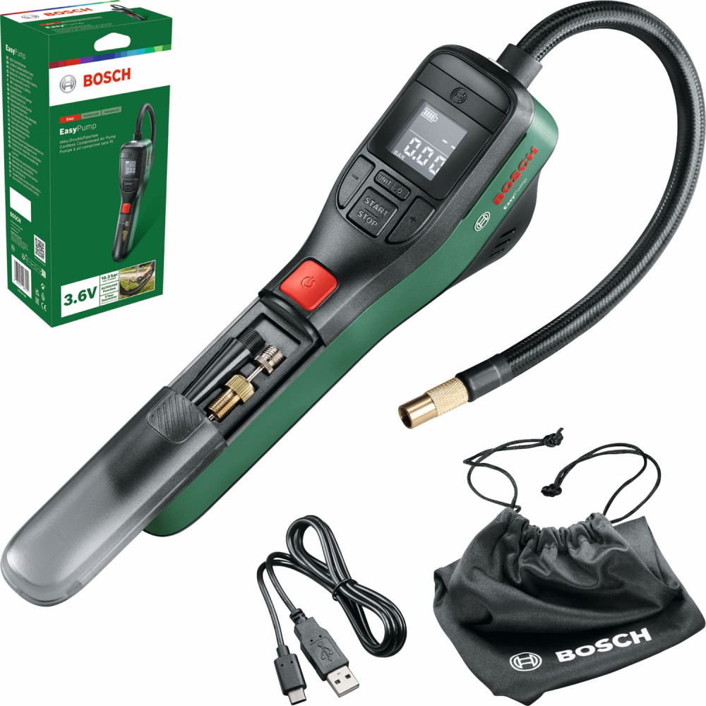 Компресор автомобільний акумуляторний Bosch EasyPump, 3.6 В, 3 Ач, 10.3 бар, 10 л/хв, 0.4кг