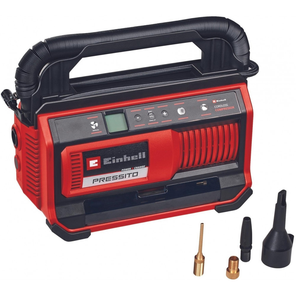 Компресор повітряний Einhell PRESSITO 18/25, акумуляторний 18В PXC, 10.5бар, вис. і низьк. тиск, 2.06кг, без АКБ та ЗП