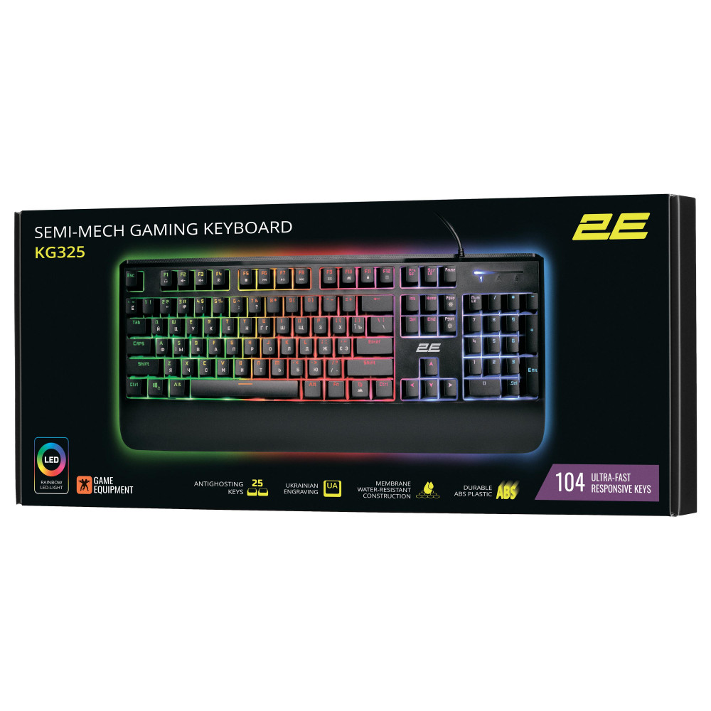 Клавіатура мембранна 2E GAMING KG325 104key, USB-A, EN/UA/RU, LED, чорний