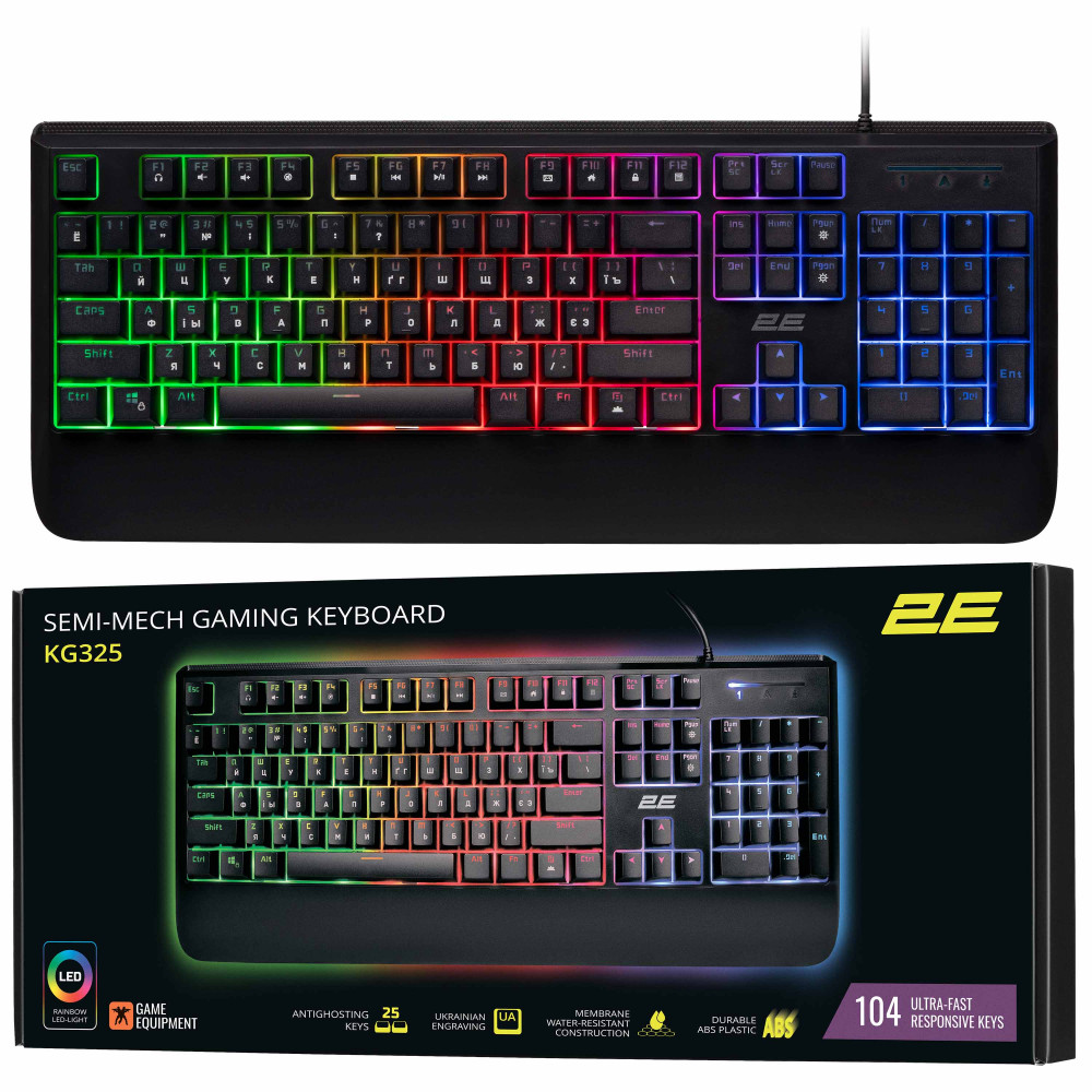 Клавіатура мембранна 2E GAMING KG325 104key, USB-A, EN/UA/RU, LED, чорний