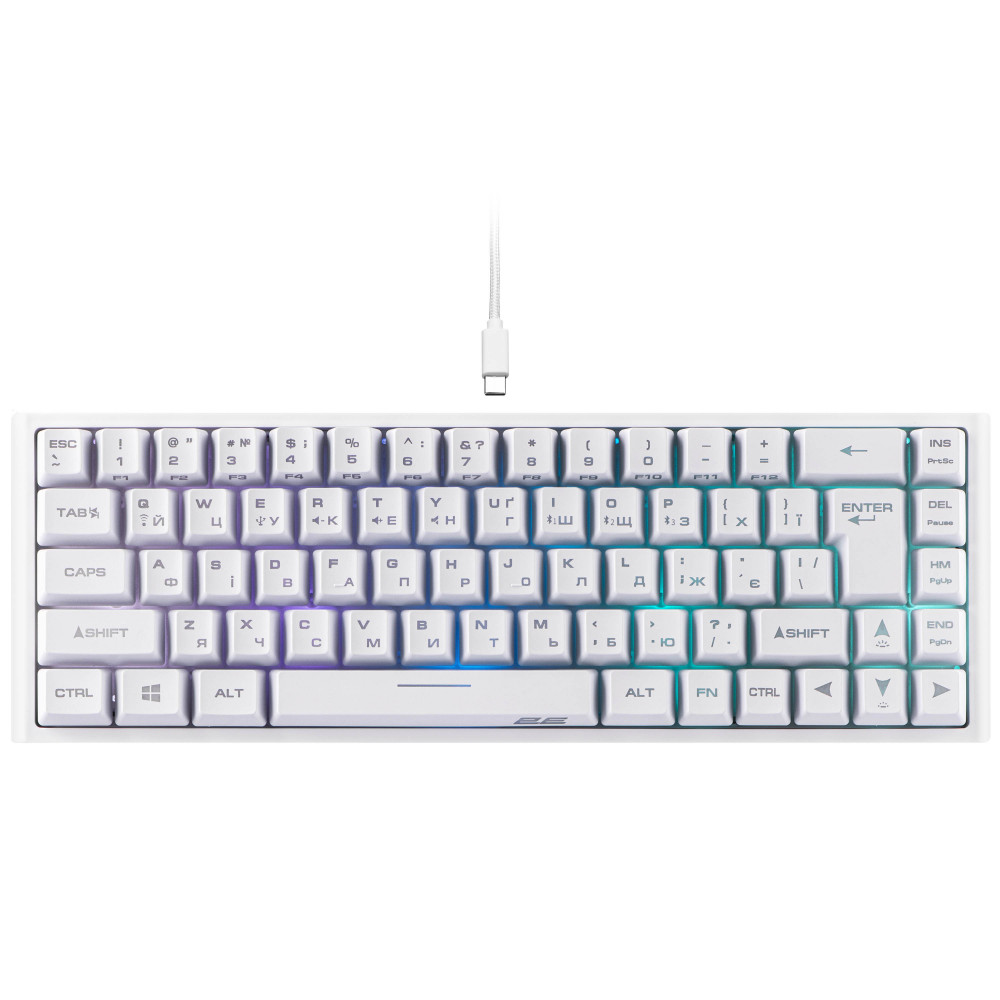 Клавіатура мембранна 2E GAMING KG360 68key, USB-A/WL, EN/UA/RU, RGB, білий