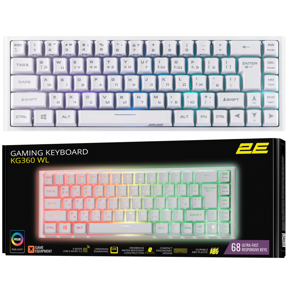 Клавіатура мембранна 2E GAMING KG360 68key, USB-A/WL, EN/UA/RU, RGB, білий