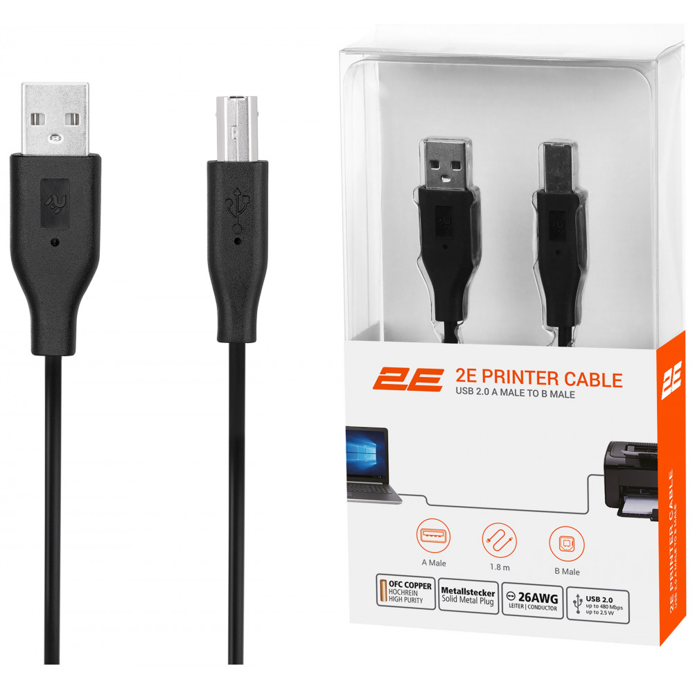 Кабель USB-A > USB-B (AM/BM) синхронізації 2E 1.8м, чорний