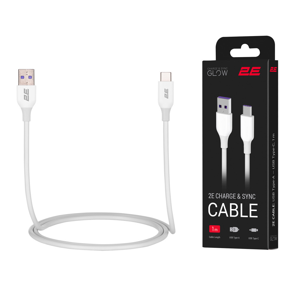 Кабель USB-A > USB-C заряджання/синхронізації 2E 1м, Type-C, Glow, білий